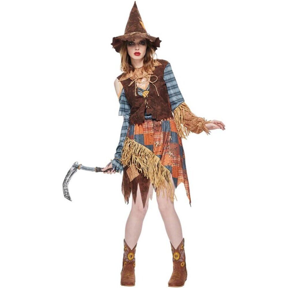 EraSpooky Women's Wicked Scarecrow Halloween Costume Straw Dress & Hat SMALL